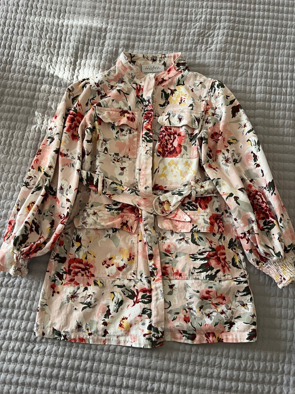 Anthropologie Floral Utility Jacket - Cream with Pink & Red Flowers